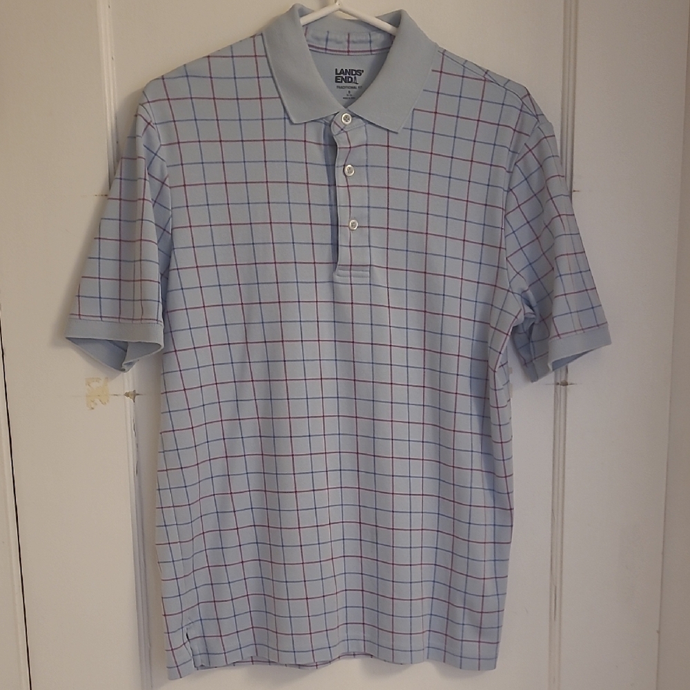 Lands' End Light Blue and Red Grid Men's Polo
